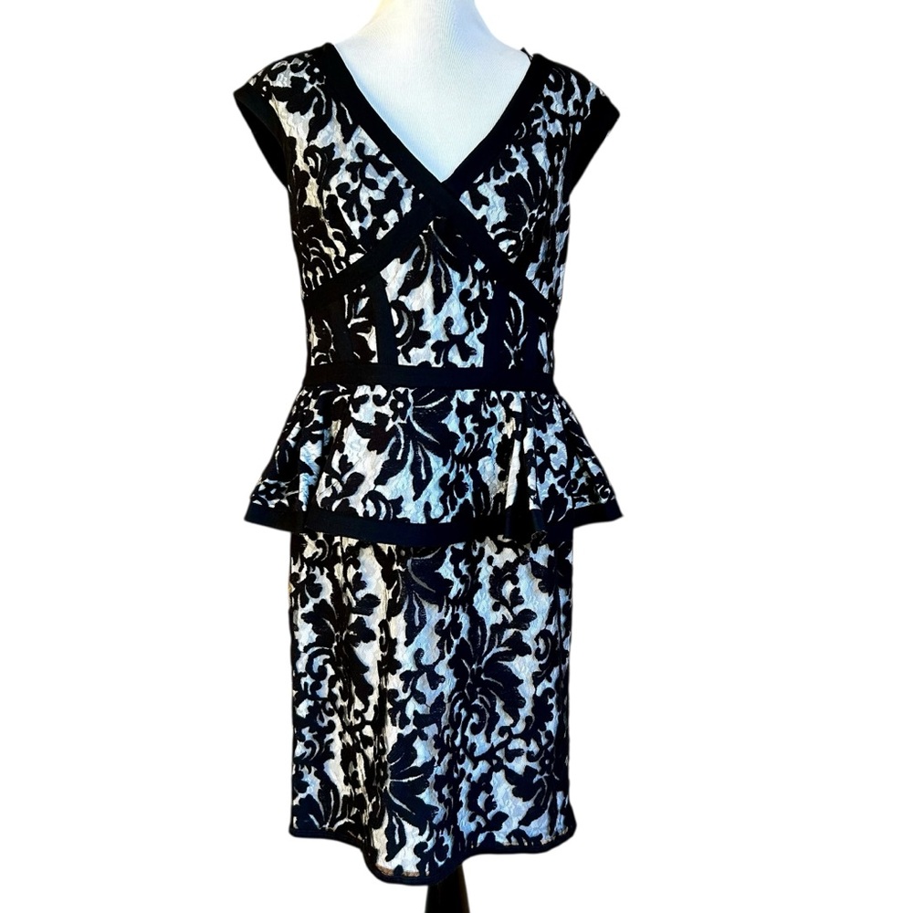 TADASHI SHOJI Black White Embroidered Lace Corded Peplum Corset Dress sz 14